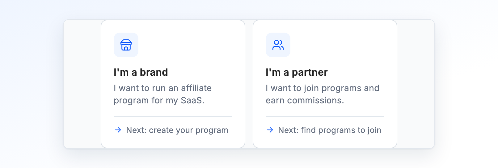 The sign-up choice with two cards: I'm a brand and I'm a partner